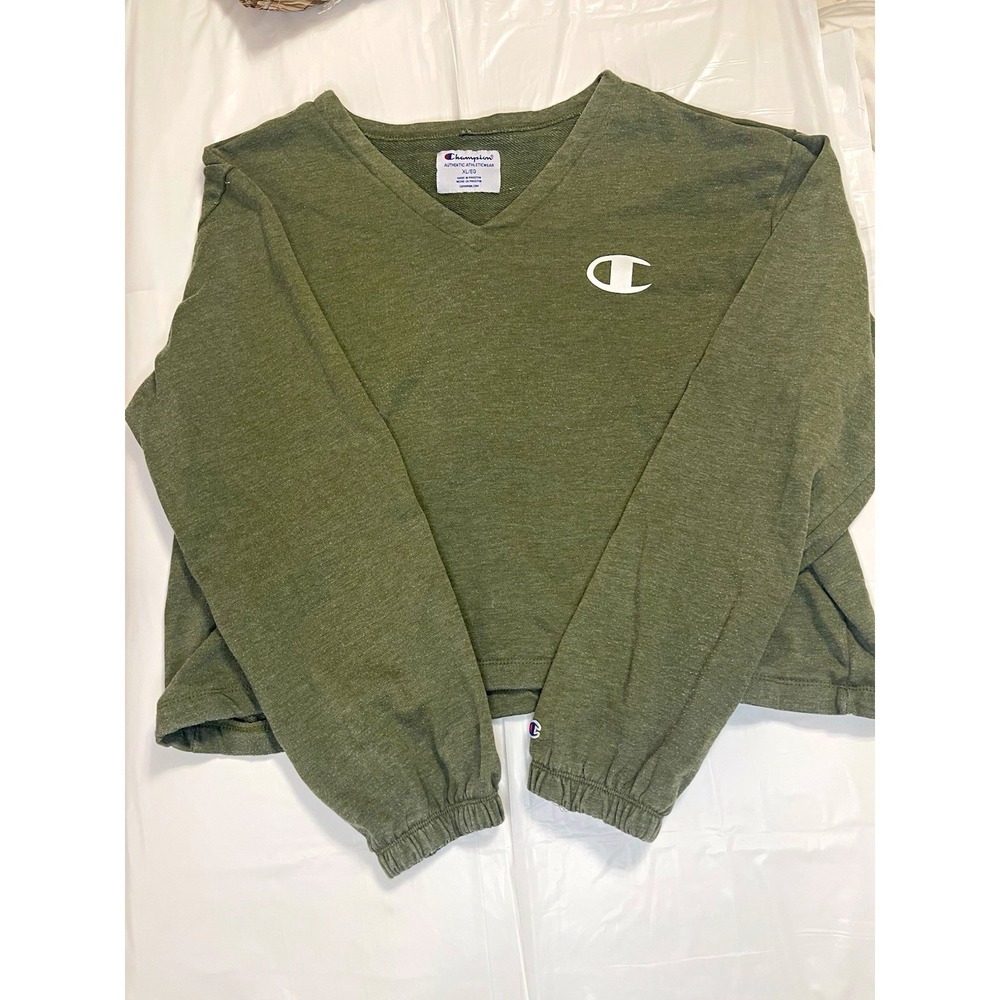 Champion Authentic Athleticwear Women's Green V-Neck Cropped Fleece XL